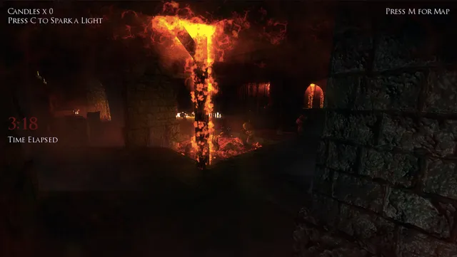 A post wrapped in fire burns in a dungeon hall while a timer shows the time elapsed