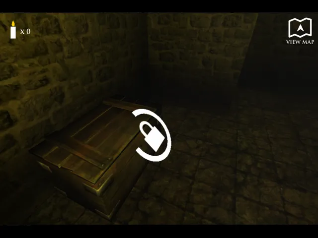 Picking the lock of a wooden chest in a candle-lit stone dungeon room, with a candle counter and a map button on screen