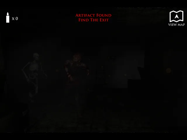 A bloody, bandaged figure and a skeleton loom in a dark dungeon room after the message Artifact Found, Find The Exit
