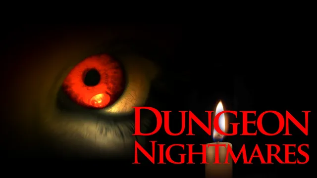 Dungeon Nightmares key art: a red-irised eye in the dark beside a lit candle and the title in red letters