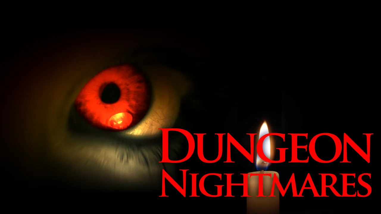 Dungeon Nightmares key art: a red-irised eye in the dark beside a lit candle and the title in red letters