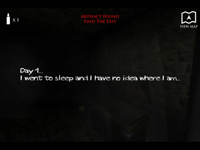A dark dungeon room with a handwritten note: Day 1, I went to sleep and I have no idea where I am