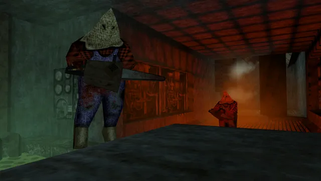 DUSK screenshot: a sack-masked cultist in overalls with a chainsaw stands in a red-lit room, another in a hood behind him
