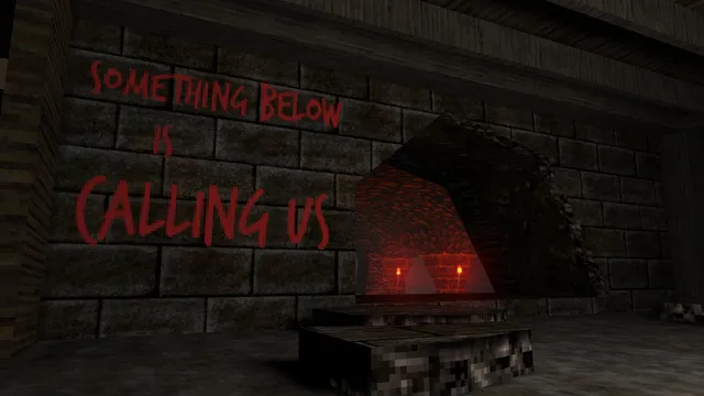 DUSK screenshot: the words Something below is calling us scrawled in red on a stone wall beside a fireplace