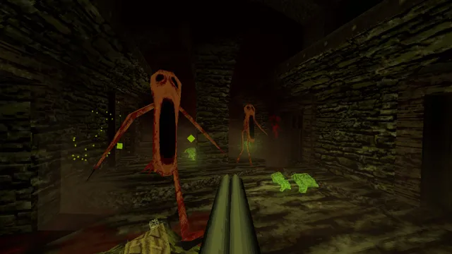 DUSK screenshot: tall, stick-limbed creatures with gaping mouths come down a sewer tunnel toward a double-barrelled shotgun