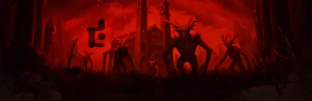 DUSK key art: antlered, long-limbed creatures with glowing eyes stand before a gothic cathedral under a blood-red sky