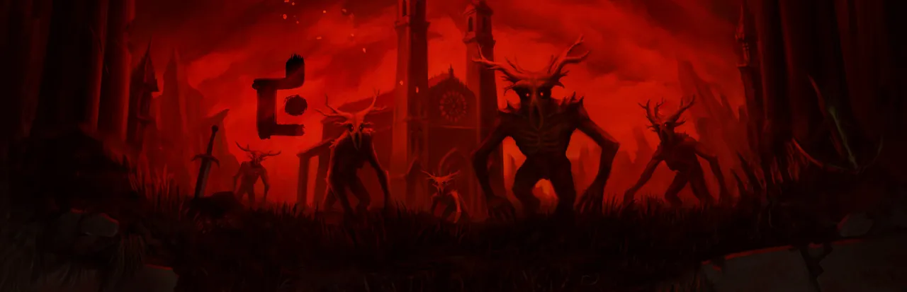 DUSK key art: antlered, long-limbed creatures with glowing eyes stand before a gothic cathedral under a blood-red sky