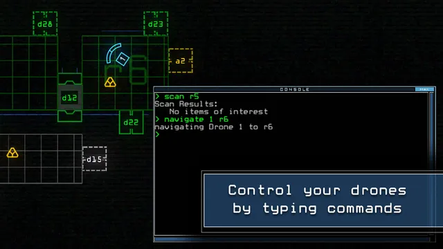 The command console showing typed orders to scan a room and navigate drone 1, over a map of rooms and doors