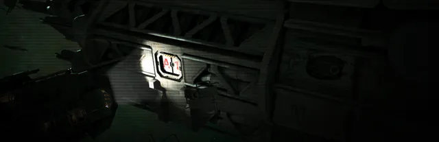 Duskers art: a drone's light falls on the dark, ribbed hull of a derelict ship marked A1