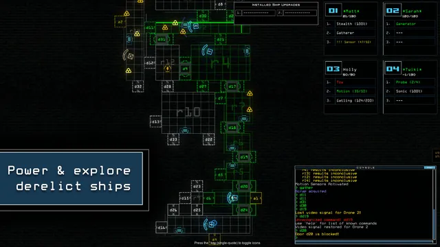 A green wireframe map of a derelict ship's rooms and doors, with hazard markers, four drone panels and a command console