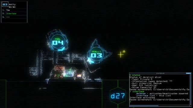 Two glowing drone markers in a dark ship room beside a console reporting the derelict's status and infestation