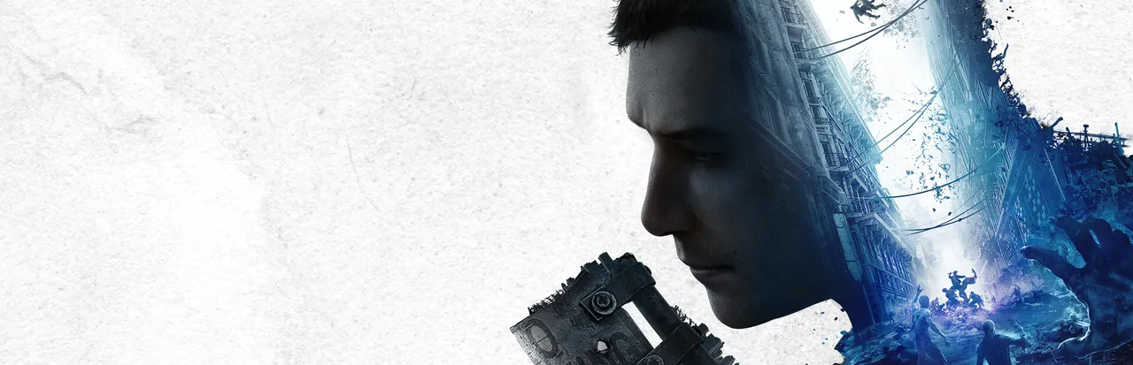 Dying Light 2 key art: Aiden Caldwell in profile, his silhouette filled with the ruined city and the infected