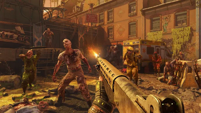 Dying Light 2 screenshot: firing a rifle into a crowd of the infected in a sunlit street