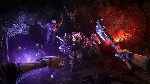 Dying Light 2 screenshot: at night the player raises an axe against a pack of mutated infected in purple light