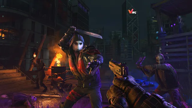 Dying Light 2 screenshot: a masked bandit with a machete charges as the player aims a pistol at night