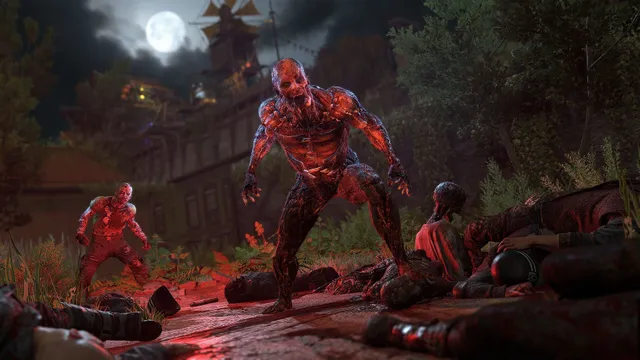 Dying Light 2 screenshot: a skinless, bloody Volatile stands among corpses in an overgrown street under the full moon