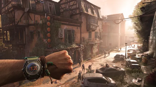 Dying Light: The Beast screenshot: the player checks a wristwatch at 19:00 above an Alpine village street full of wandering infected