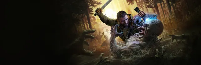 Dying Light: The Beast key art: Kyle Crane raises a machete over an infected he holds down in a flooded forest, hands reaching from the water around him