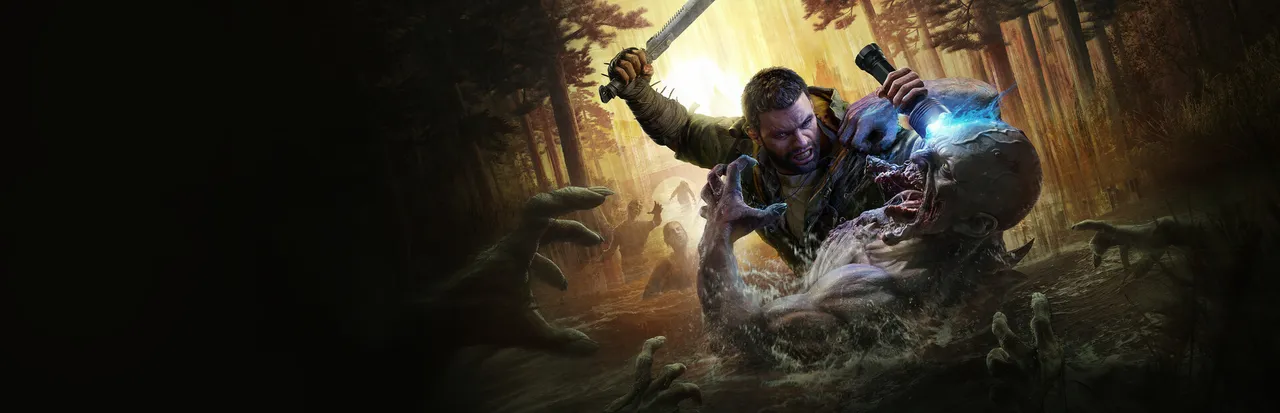 Dying Light: The Beast key art: Kyle Crane raises a machete over an infected he holds down in a flooded forest, hands reaching from the water around him