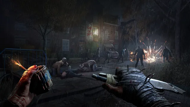 Dying Light: The Beast screenshot: in rain at night the player holds a lit bundle of dynamite and a spiked blade as infected crowd a street, one wall reading God is dead