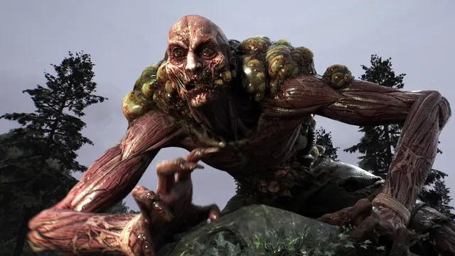 Dying Light: The Beast screenshot: a huge skinless infected with swollen growths on its shoulders crouches among pine trees