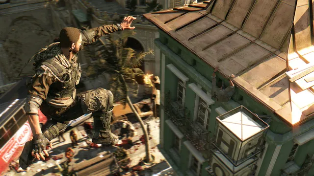 Dying Light screenshot: a runner leaps across a rooftop above a street full of the infected
