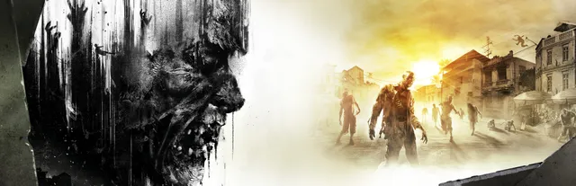 Dying Light key art: a grey, rotting zombie face beside infected walking through a sunlit, dusty street