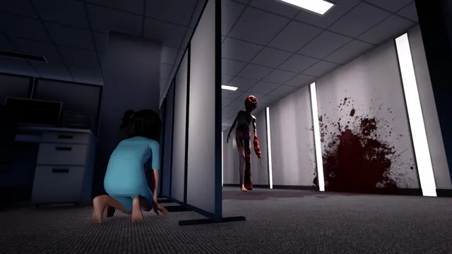 The girl in a hospital gown crouches behind an office partition as a red-faced creature walks past a blood-splattered wall