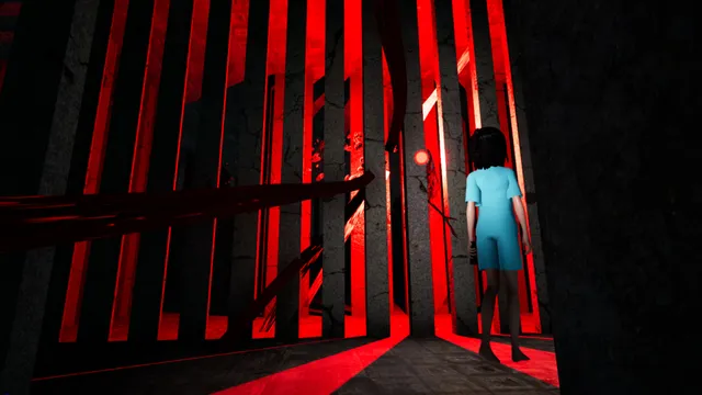 The girl walks through a corridor lit red through rows of vertical bars