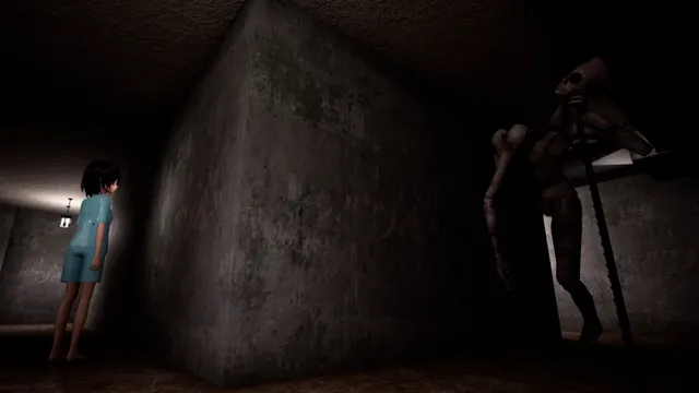 The girl presses against a concrete wall while a tall, bleeding creature with twisted limbs waits around the corner