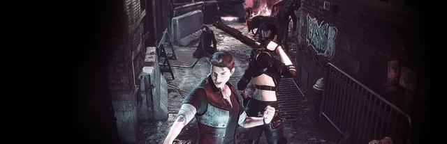 Echoes of the Living key art: Liam and Laurel, holding a shotgun, in a barricaded alley with zombies and fire behind them