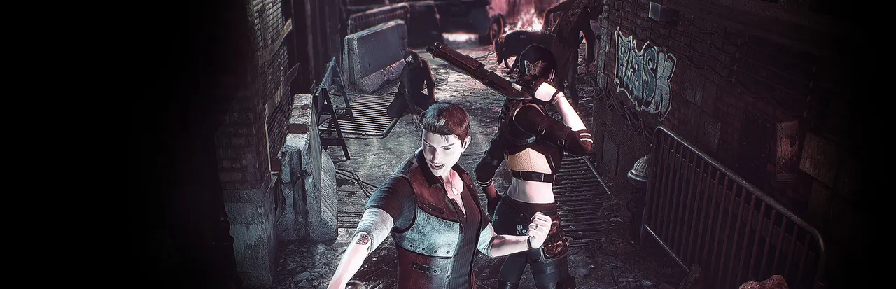 Echoes of the Living key art: Liam and Laurel, holding a shotgun, in a barricaded alley with zombies and fire behind them