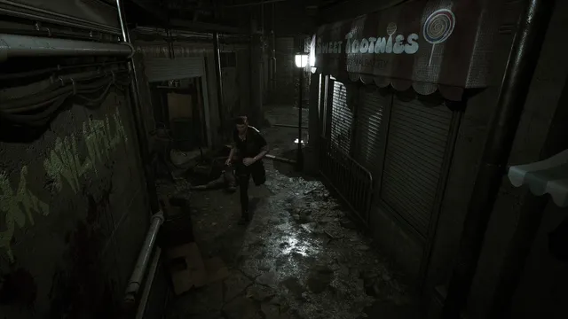 Liam runs down a dark wet alley past a body on the ground, under the awning of a sweet shop