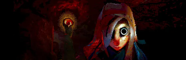 Eclipsium key art: a hooded figure with one huge round eye in a red cave, a robed figure holding up a glowing orb behind