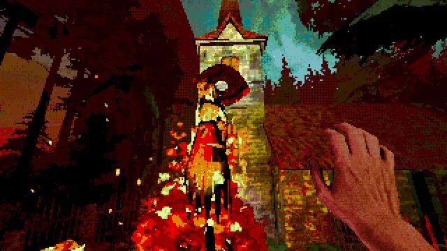 A burning figure stands before a stone chapel in a red forest as the player's hand reaches out