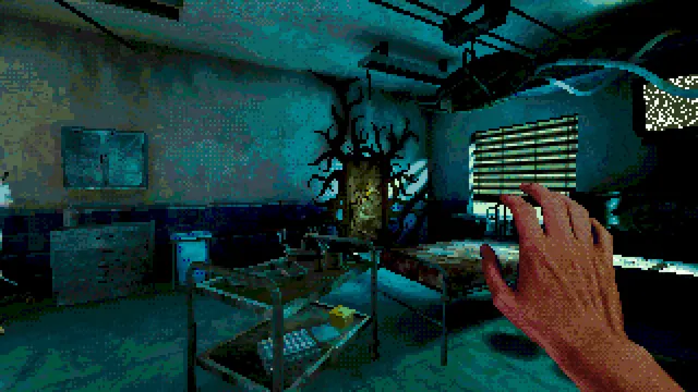 A first-person hand reaches toward a dark tree growing from the wall of a ruined hospital ward, in dithered blue light