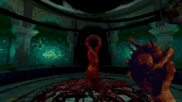 A fleshy hand held up before a red ring of flesh rooted in the floor of a domed stone hall