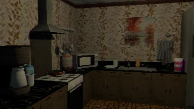 Egg Fried Rice screenshot: a dim kitchen with patterned wallpaper, a cooker and a microwave