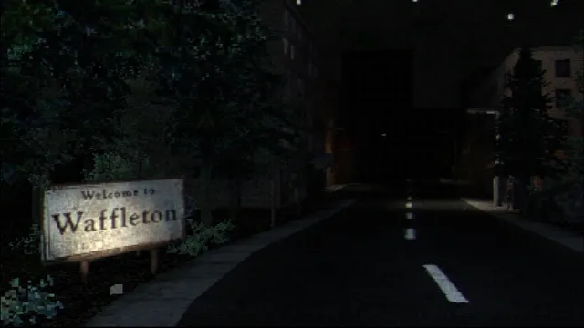 Egg Fried Rice screenshot: a dark road into town at night past a sign reading Welcome to Waffleton