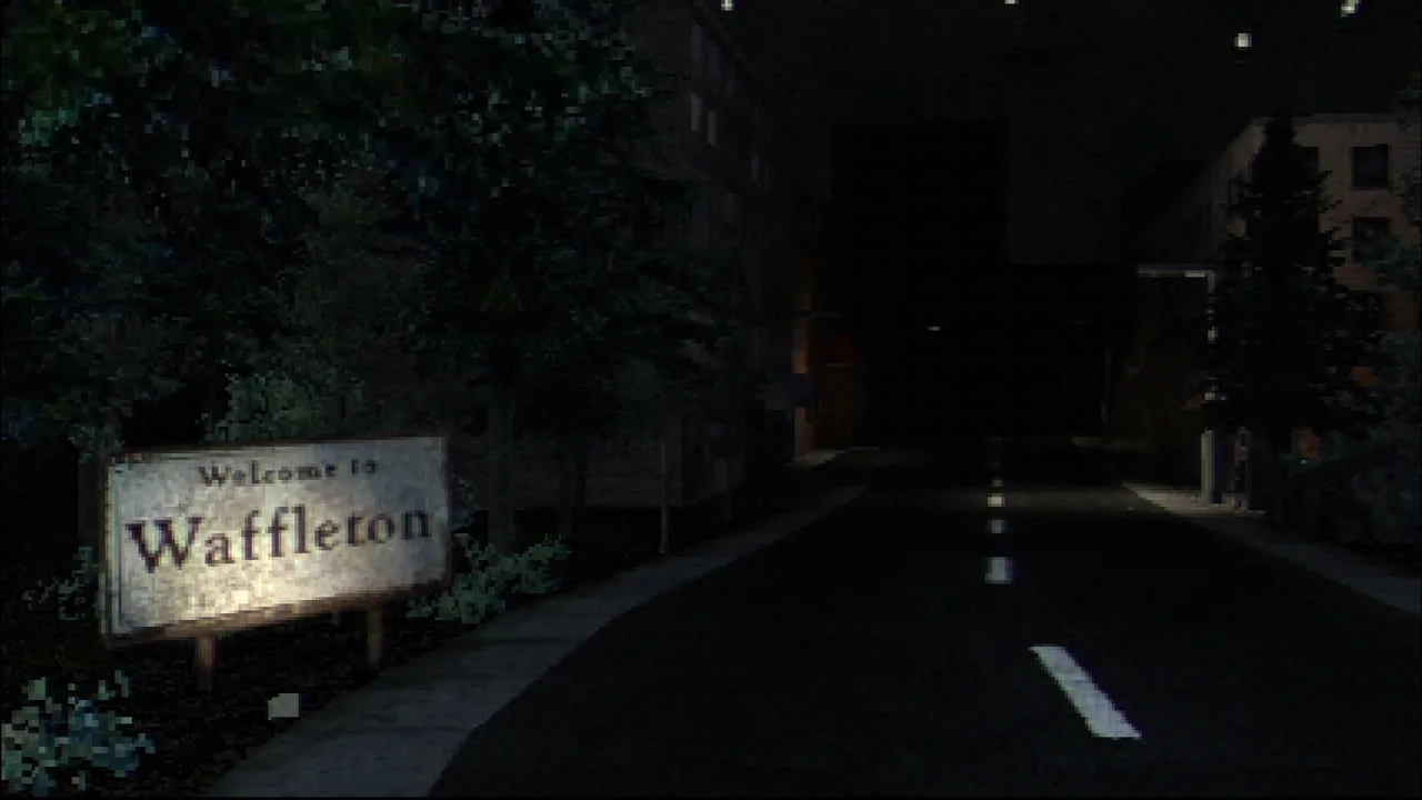 Egg Fried Rice screenshot: a dark road into town at night past a sign reading Welcome to Waffleton