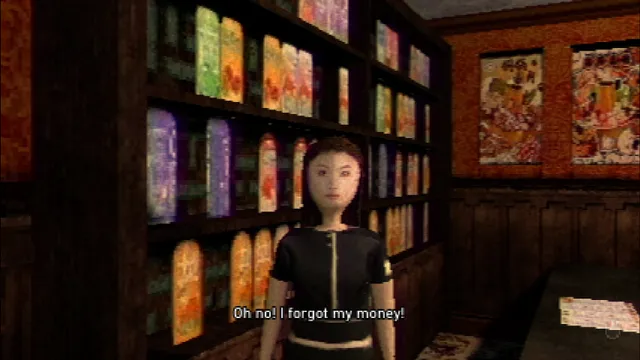 Egg Fried Rice screenshot: a woman in a dim takeaway with shelves of packets says she forgot her money