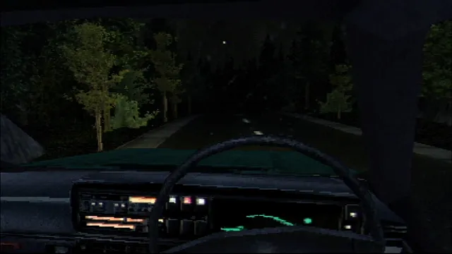Egg Fried Rice screenshot: the view from the driver's seat down a dark road through trees