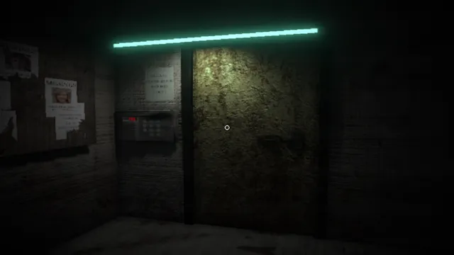 Elevated Dread screenshot: a closed metal elevator door under a cyan strip light, with a keypad and posters of faces pinned beside it