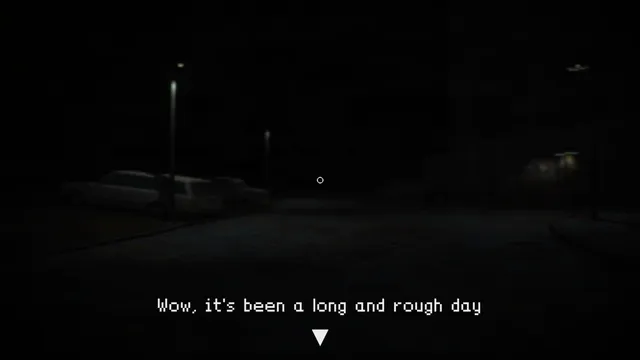 Elevated Dread screenshot: a dark car park at night with the line Wow, it's been a long and rough day
