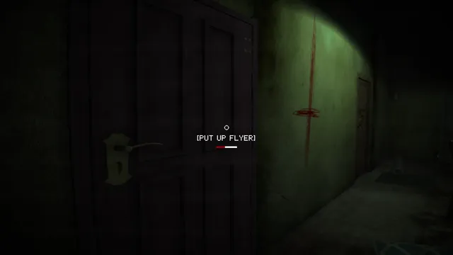 Elevated Dread screenshot: an apartment door in a green-lit corridor with the prompt Put up flyer and a streak of blood on the wall