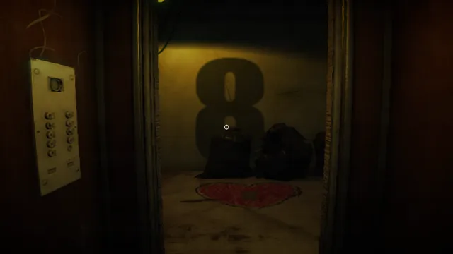 Elevated Dread screenshot: an open elevator with a large number 8 on its back wall, bin bags and a red heart drawn on the floor