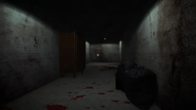 Elevated Dread screenshot: a dim apartment corridor with a wardrobe, rubbish bags and blood spattered across the floor