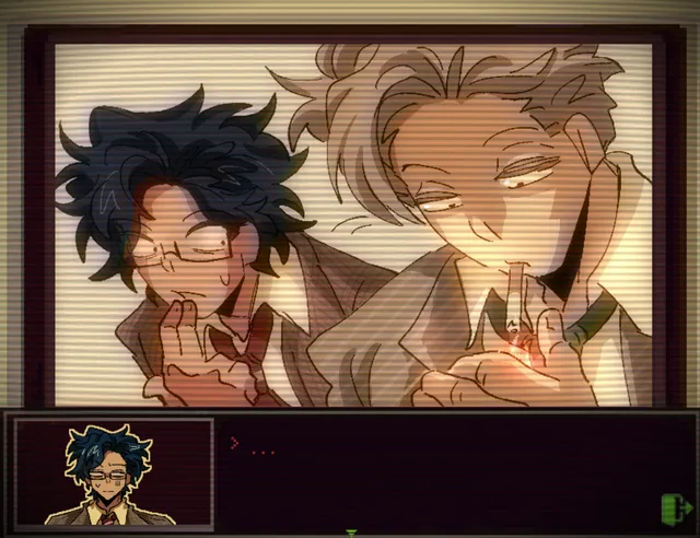The two co-workers lean close together over a small flame between their hands, behind a CRT-style filter