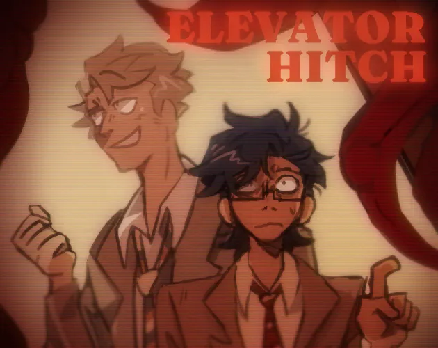 Elevator Hitch cover: the two co-workers in brown suits under the red title, with dark red tendrils reaching in from the edges