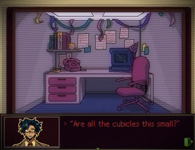 A small office cubicle in purple light with a desk, an old computer, a phone and papers pinned to the wall